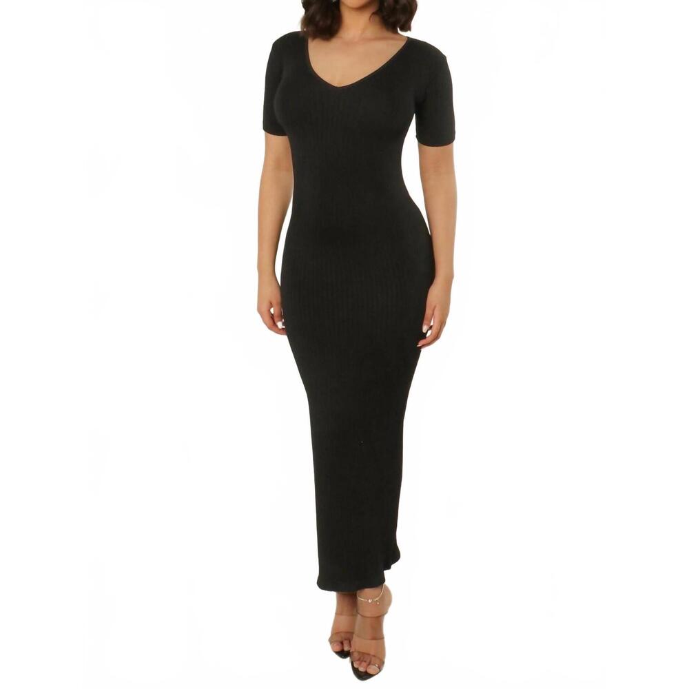 NEW UNTITLED IN MOTION v-neck bodycon ribbed dress in black